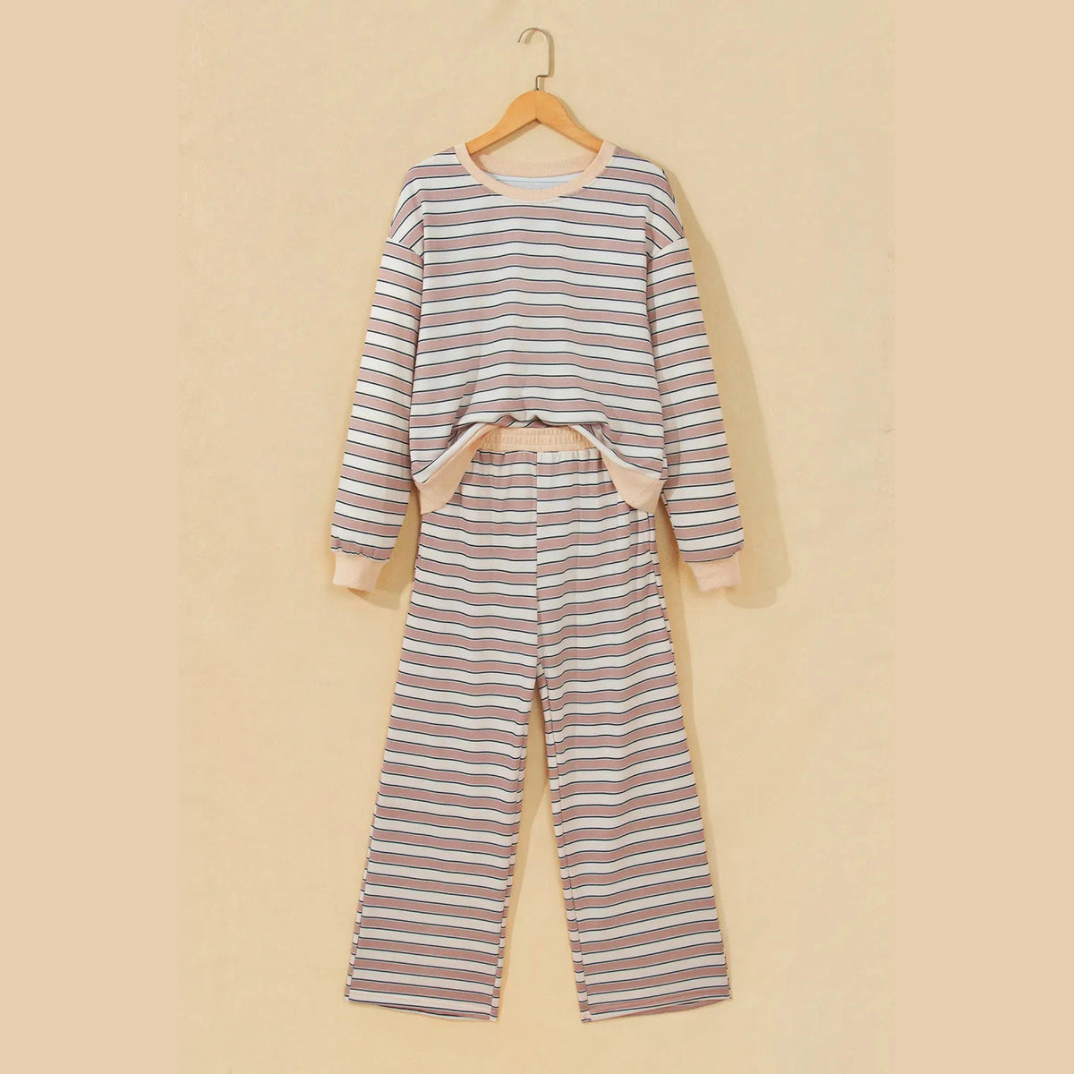 Marli Khaki Stripe Contrast Trim Long Sleeve Top Elastic Waist Pants Set