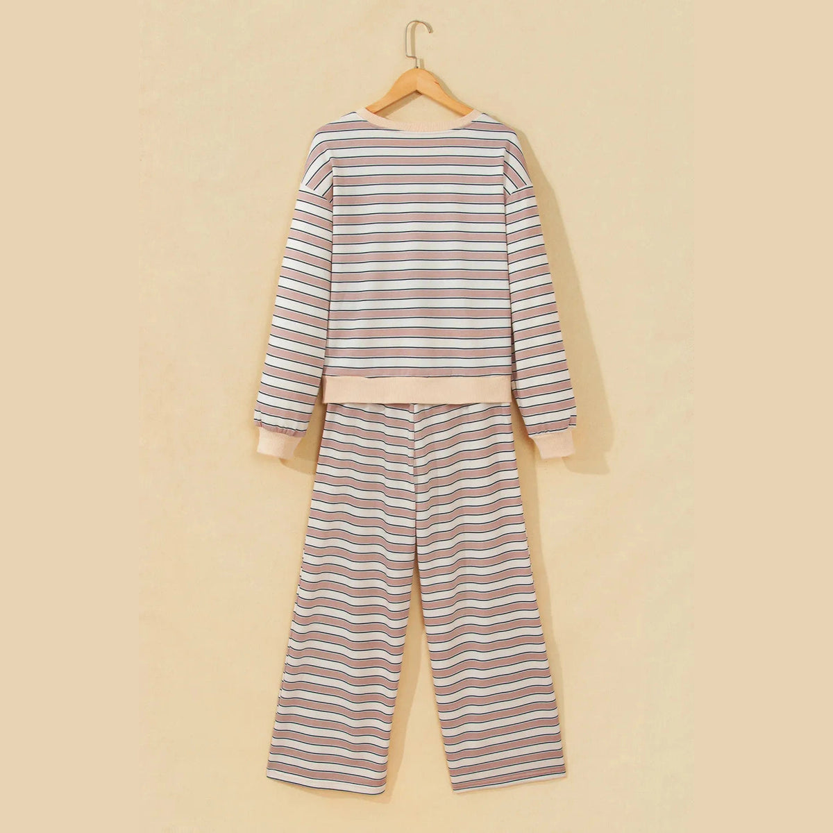 Marli Khaki Stripe Contrast Trim Long Sleeve Top Elastic Waist Pants Set