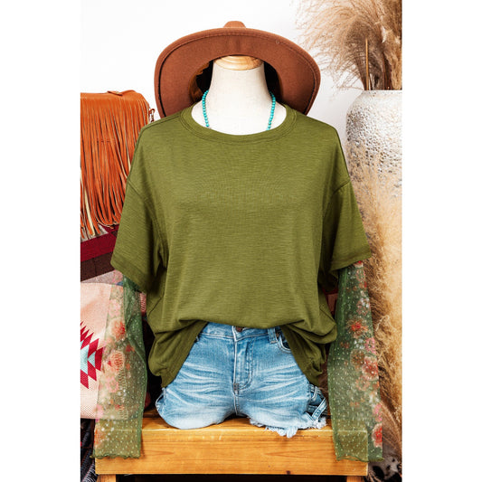 REDUCED!!!  Marloe Green Faux Two Piece Floral Long Sleeve Patchwork Tee  REDUCED!!!