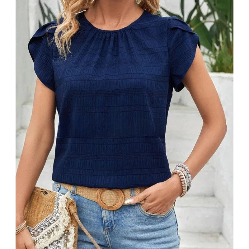 Marsey Navy Textured Pleat-Neck Blouse