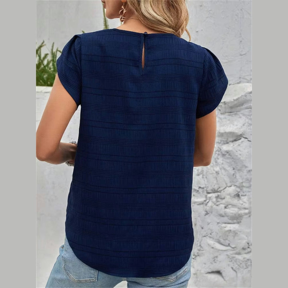 Marsey Navy Textured Pleat-Neck Blouse