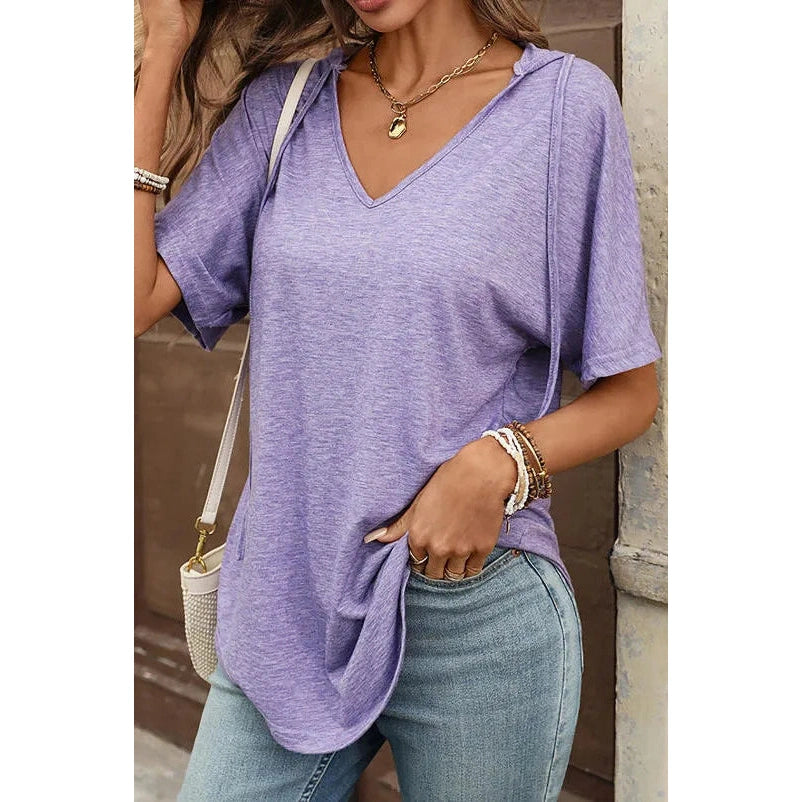 Martine Purple Lightweight V‑Neck Short Sleeve Hoodie