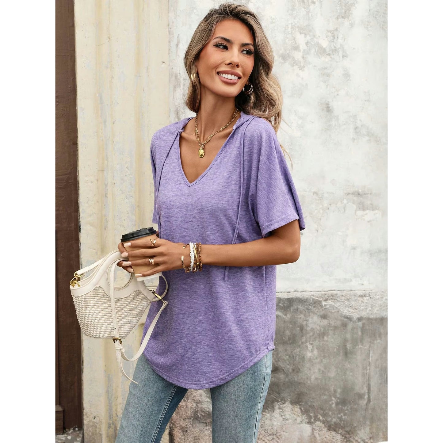 Martine Purple Lightweight V‑Neck Short Sleeve Hoodie