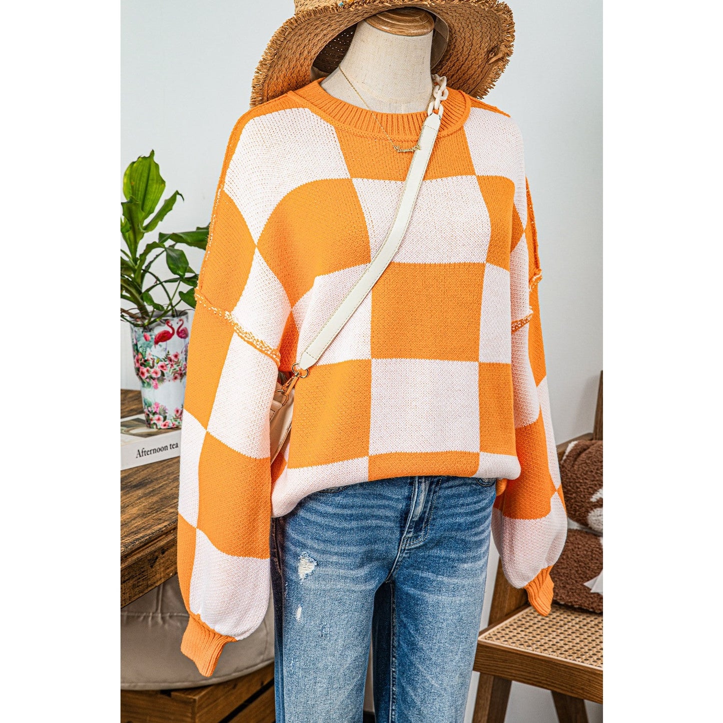 Maryam Orange Checkered Bishop Sleeve Sweater