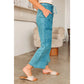 Mary Pat Teal Mineral Wash Lace-up High Waist Raw Hem Patched Pocket Pants
