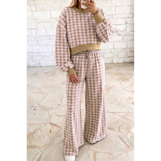 Matilda Pink Plaid Long Sleeve Drop Shoulder Top Ribbed Color Block Trim Two Piece Pant Set