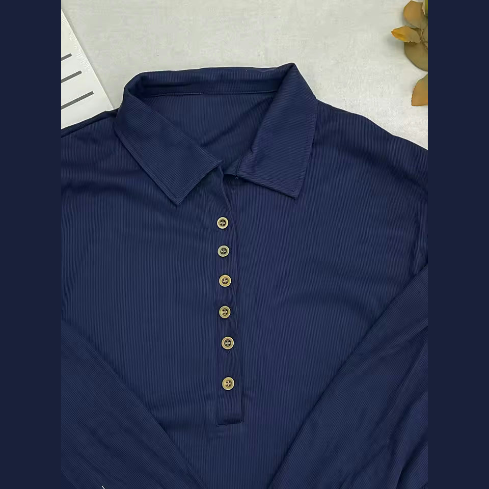 Matilda Navy Button Front Long Sleeve Top
