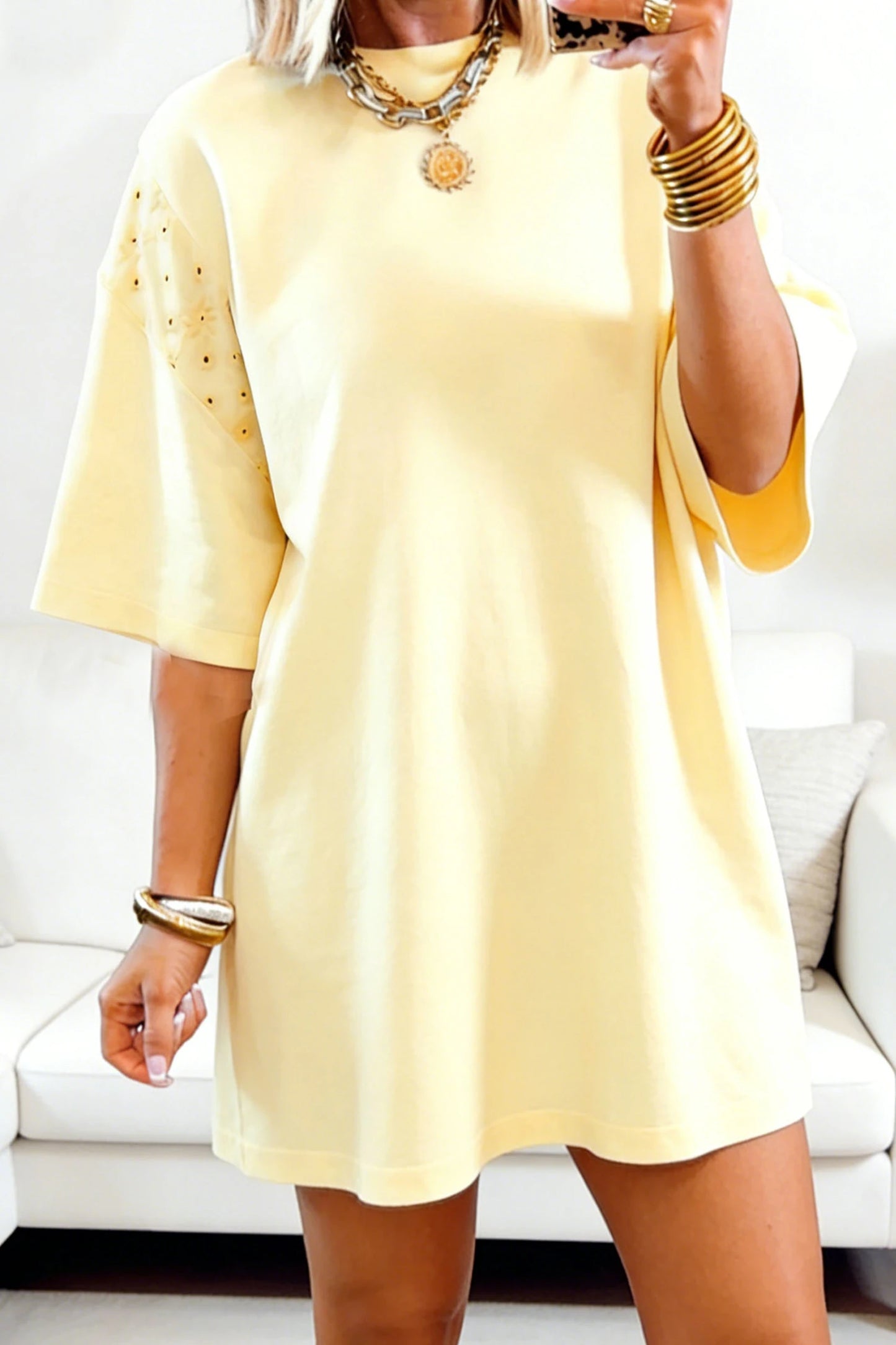 Matty Yellow Cream Eyelet Embroidered Lace Splicing Sleeve Loose T Shirt Dress