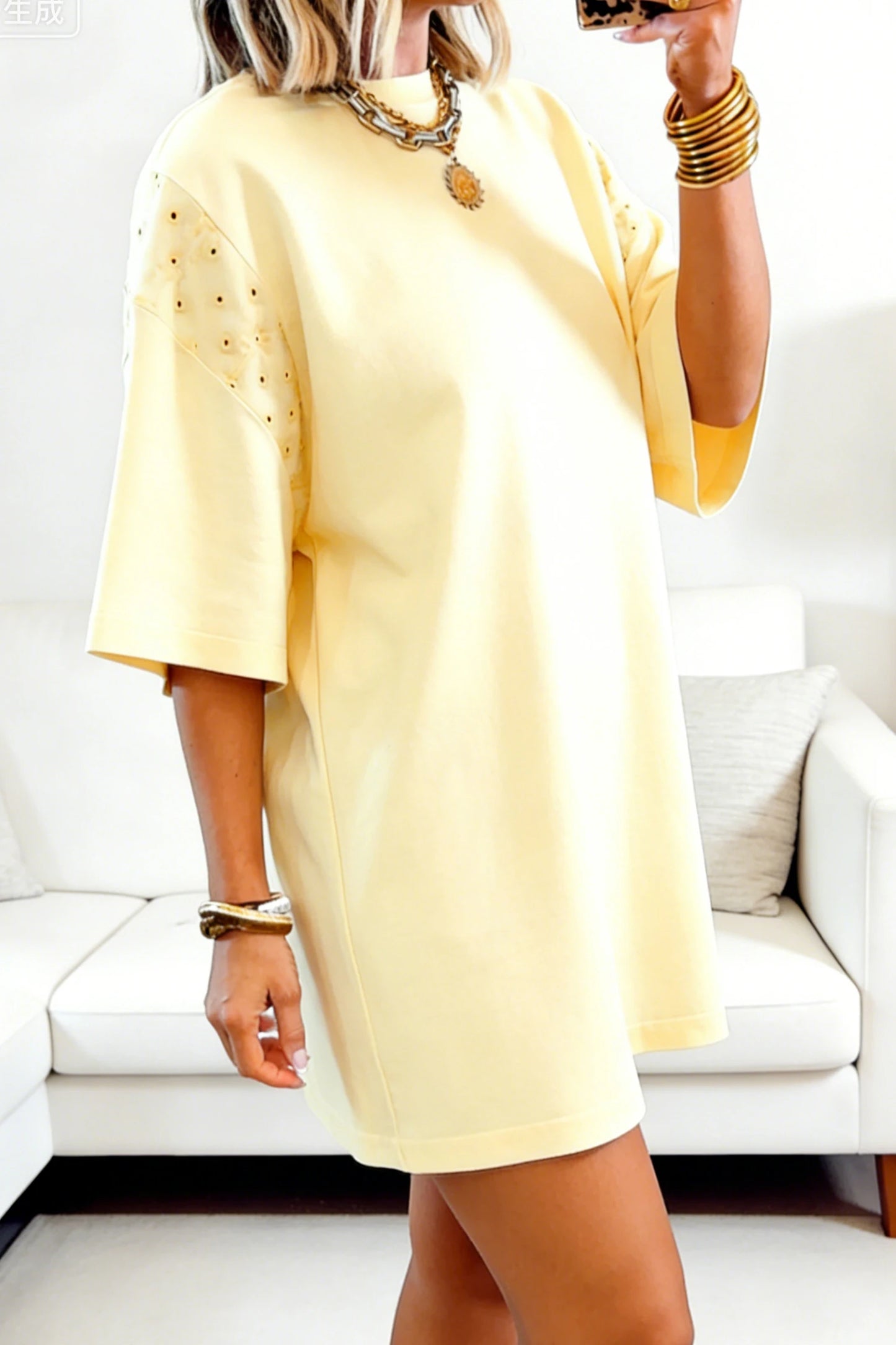 Matty Yellow Cream Eyelet Embroidered Lace Splicing Sleeve Loose T Shirt Dress