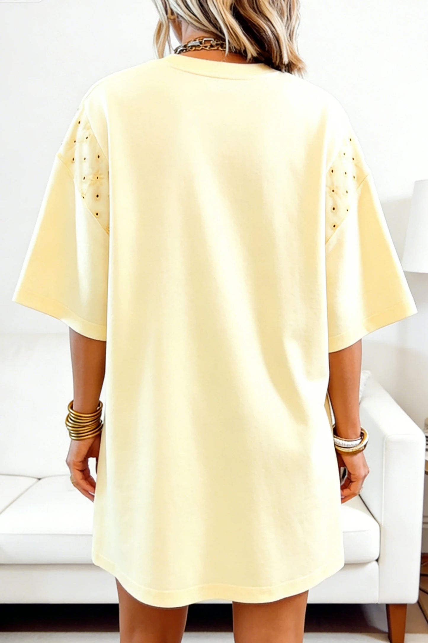 Matty Yellow Cream Eyelet Embroidered Lace Splicing Sleeve Loose T Shirt Dress