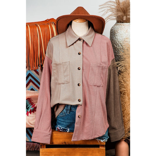 Maudette Pink Color Block Chest Pockets Buttoned Corduroy Shacket