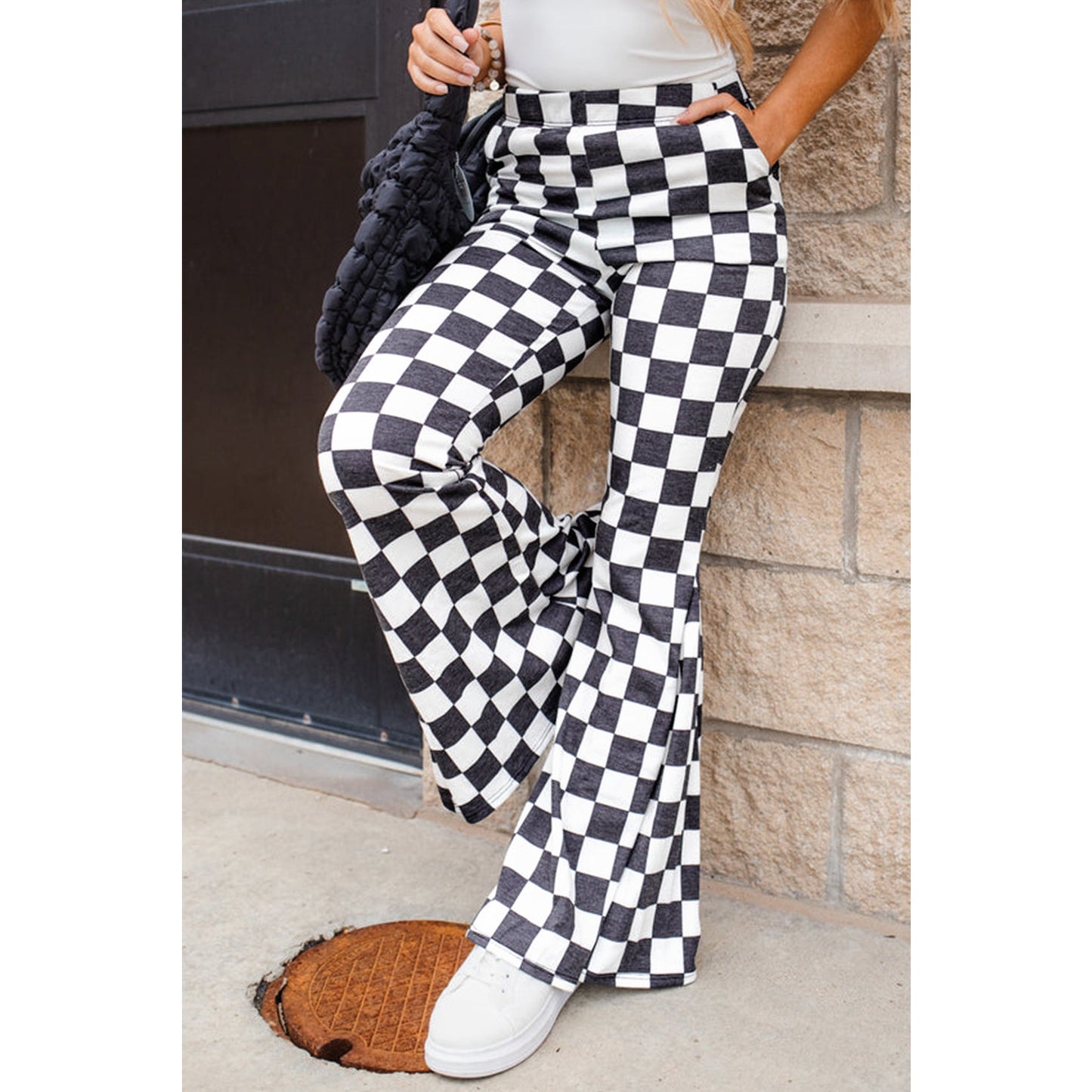 Mauri Black Checkerboard High Rise Casual Flared Pants