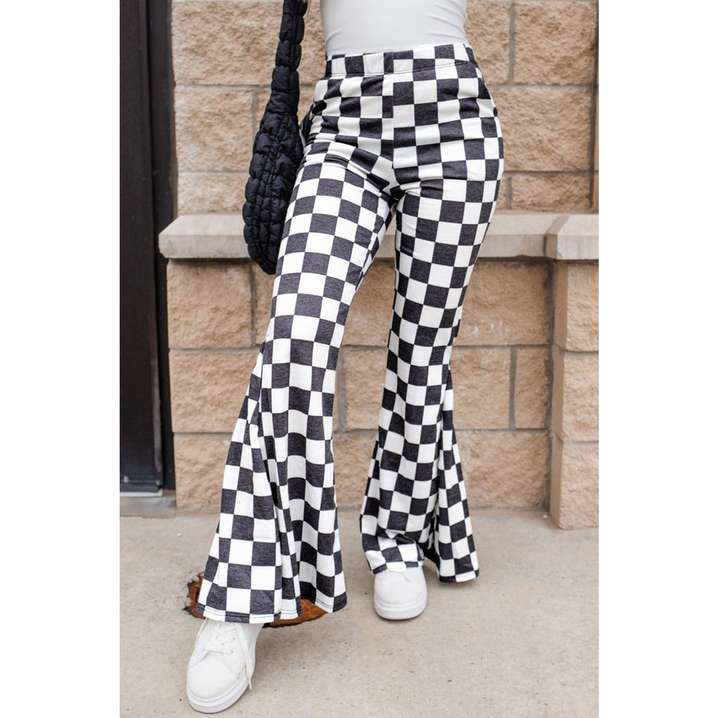 Mauri Black Checkerboard High Rise Casual Flared Pants