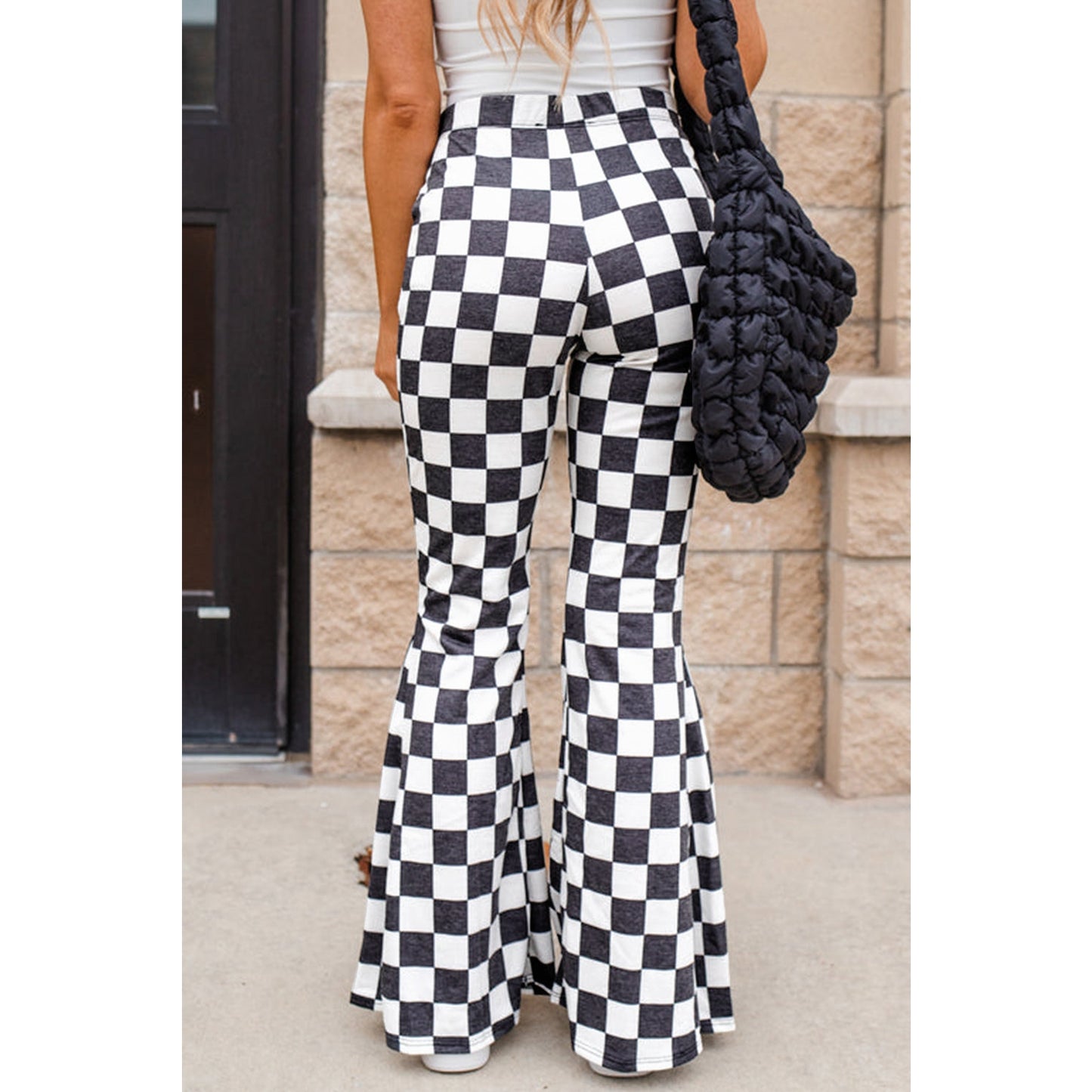 Mauri Black Checkerboard High Rise Casual Flared Pants