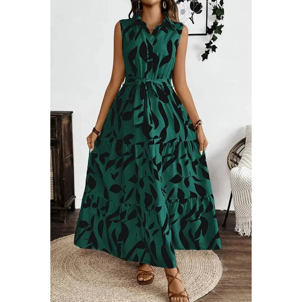 Maven Green Sleeveless Waist Cinching Dress