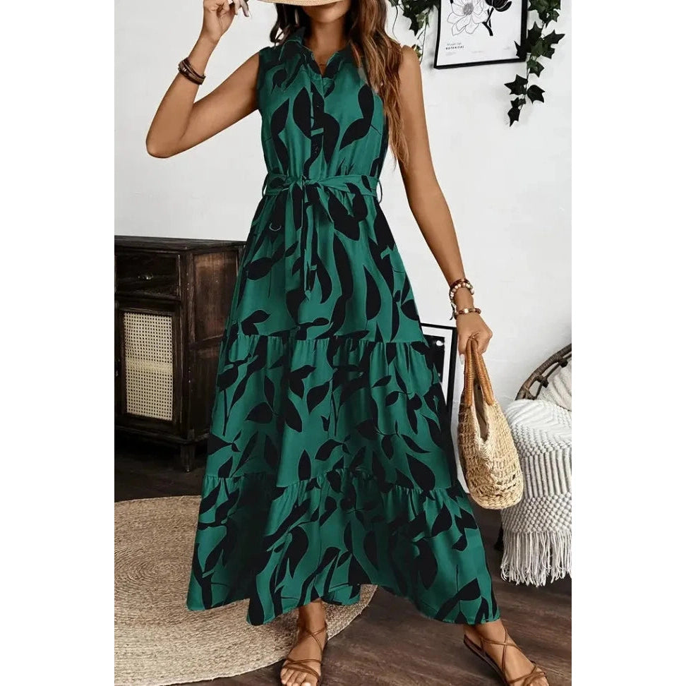 Maven Green Sleeveless Waist Cinching Dress