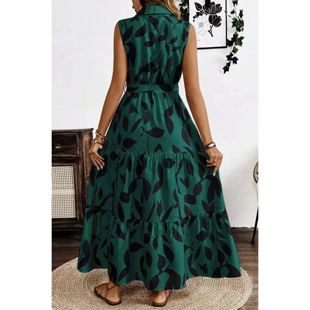 Maven Green Sleeveless Waist Cinching Dress