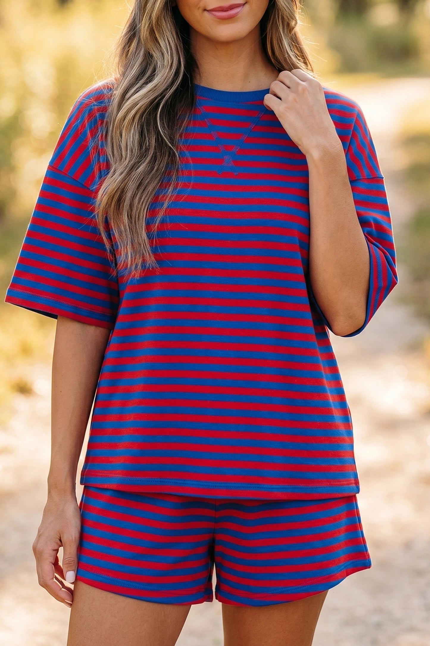 Maxanne Navy Stripe Ribbed Cotton Two-Piece Short Set with Chest Patch Detail