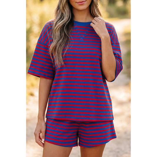 Maxanne Navy Stripe Ribbed Cotton Two-Piece Short Set with Chest Patch Detail