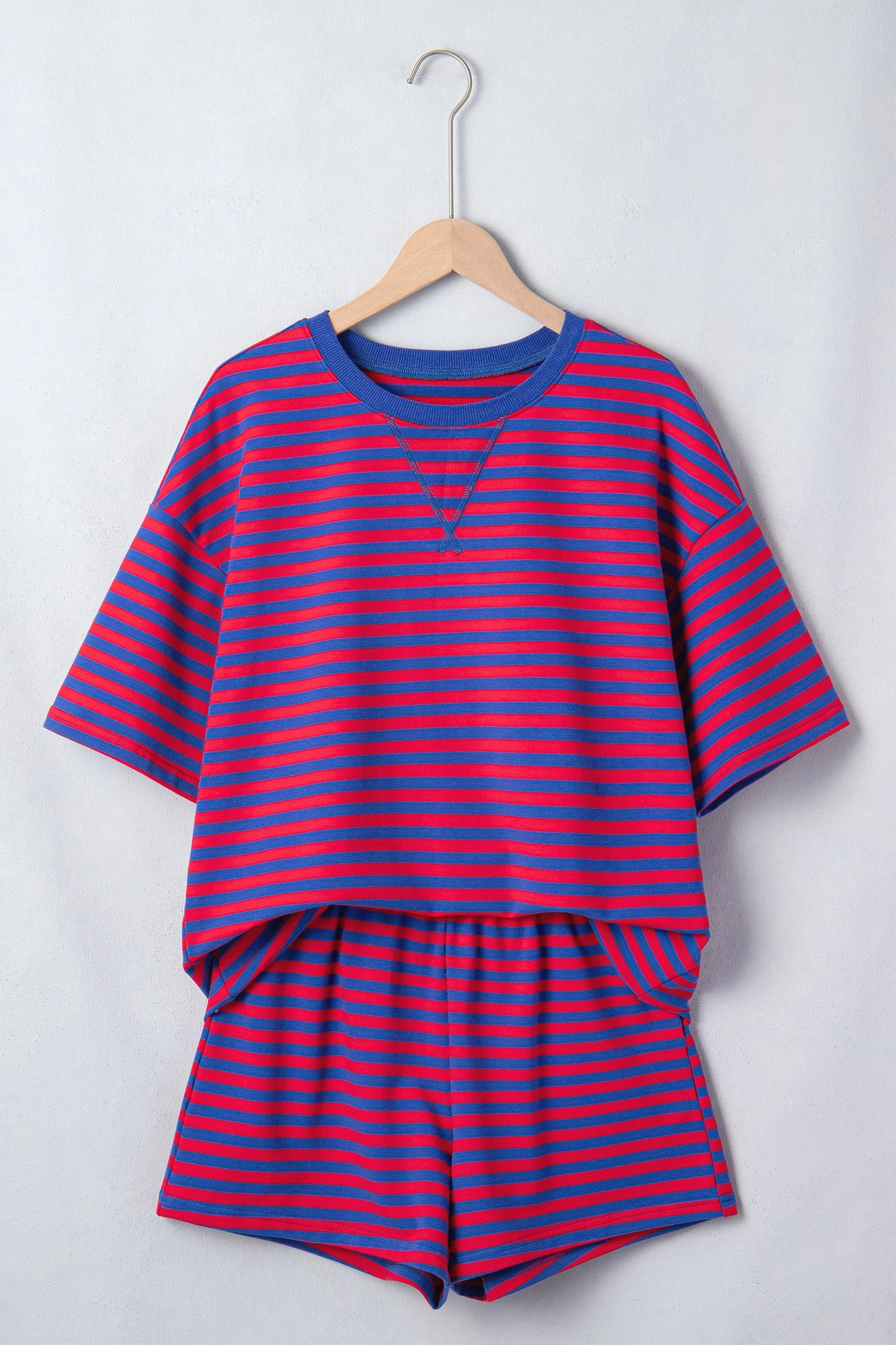Maxanne Navy Stripe Ribbed Cotton Two-Piece Short Set with Chest Patch Detail