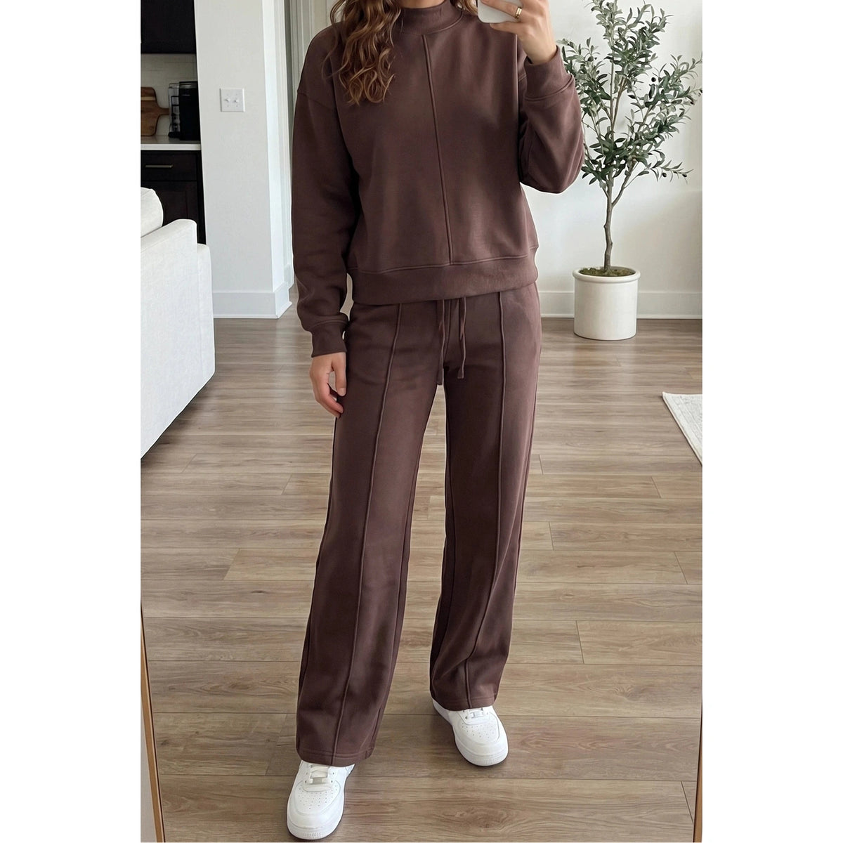 Maxine Coffee Piping Trim Mock Neck Pullover Drawstring Pants Set
