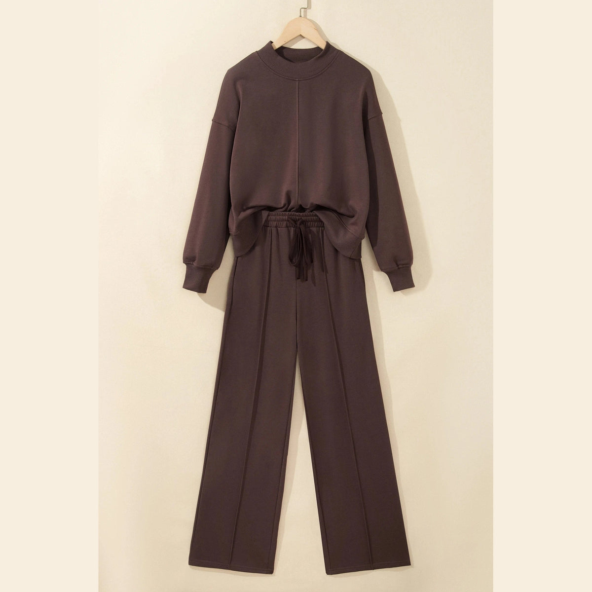 Maxine Coffee Piping Trim Mock Neck Pullover Drawstring Pants Set