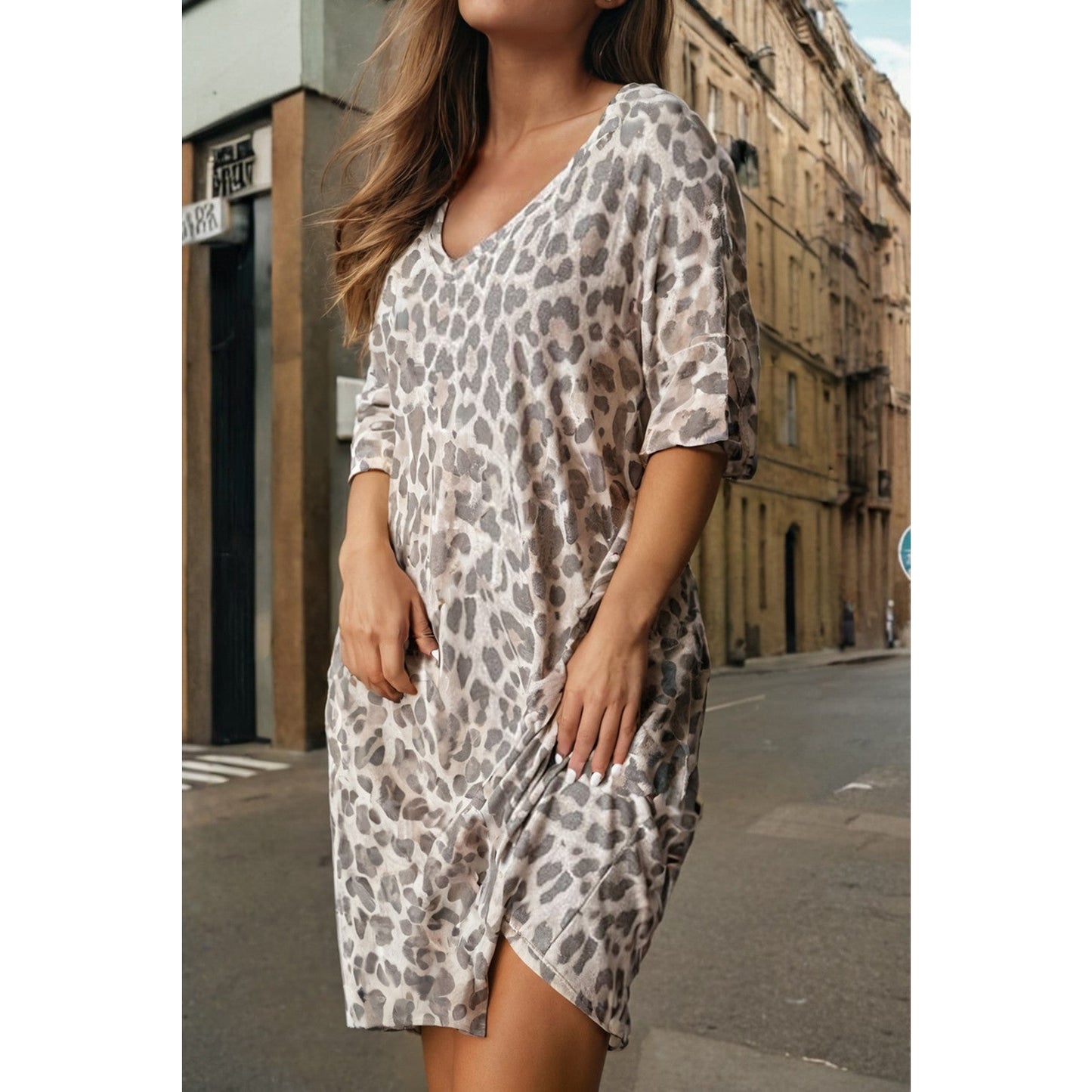 Maya Leopard Print V Neck Loose Fit Mini Dress