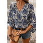 Maye Blue Vintage Flower Tree Quarter Sleeve V Neck Blouse