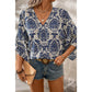 Maye Blue Vintage Flower Tree Quarter Sleeve V Neck Blouse