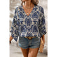 Maye Blue Vintage Flower Tree Quarter Sleeve V Neck Blouse