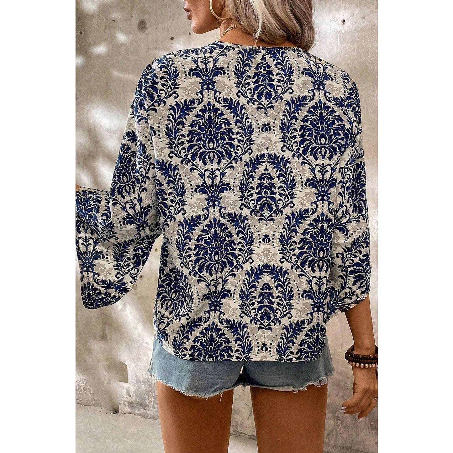 Maye Blue Vintage Flower Tree Quarter Sleeve V Neck Blouse