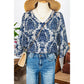 Maye Blue Vintage Flower Tree Quarter Sleeve V Neck Blouse