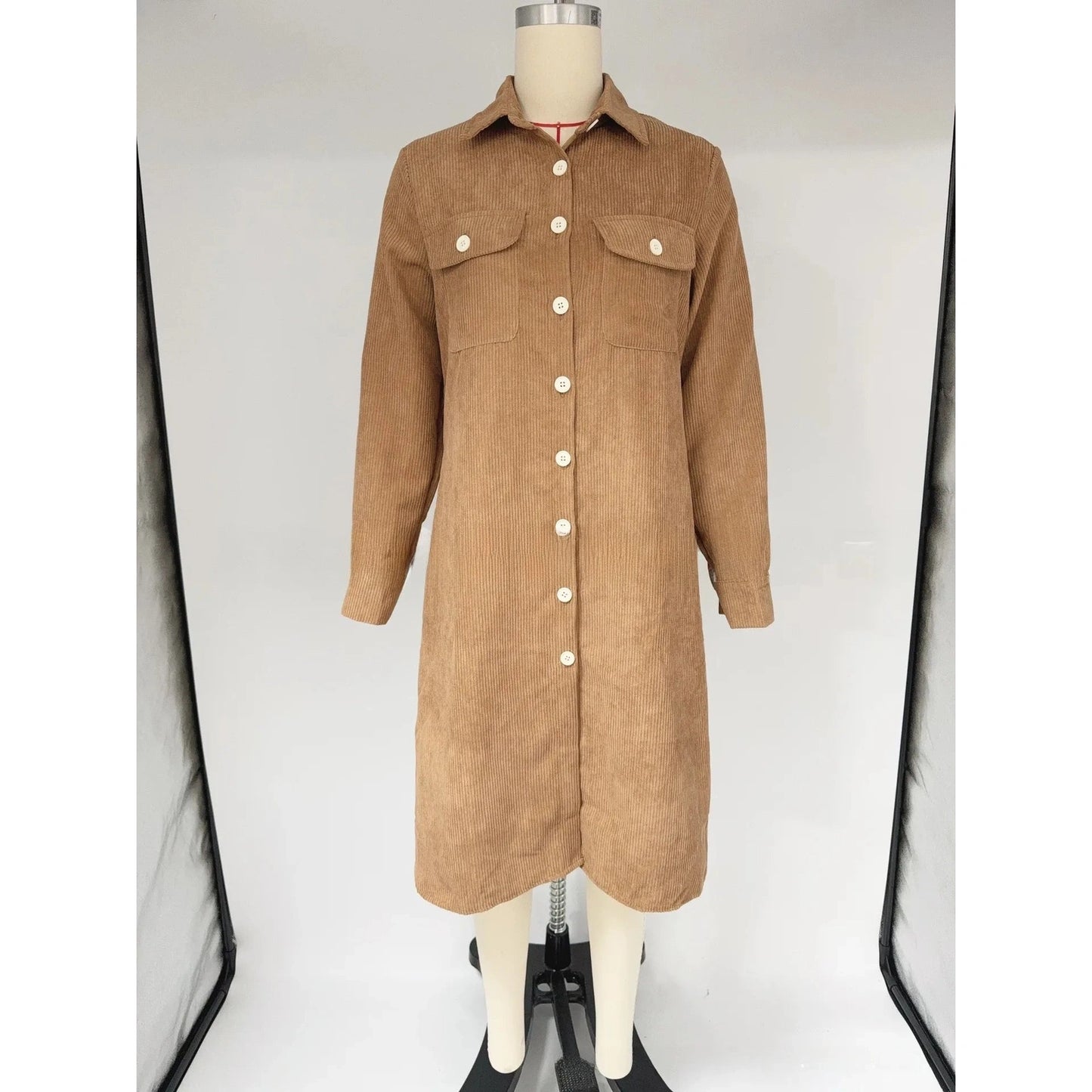 Mayven Khaki Corduroy Mid Length Shirt Dress