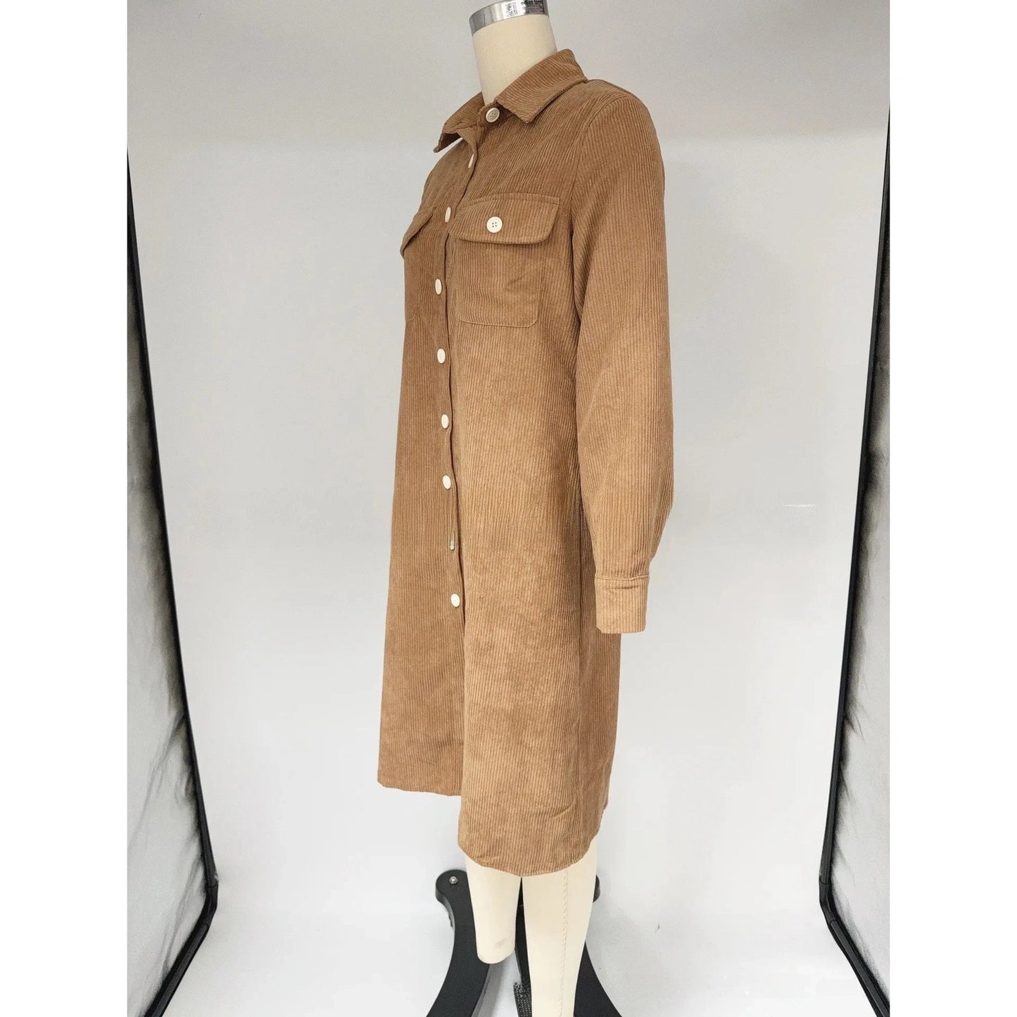 Mayven Khaki Corduroy Mid Length Shirt Dress