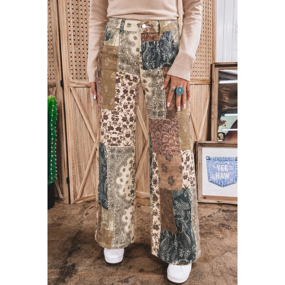 Mazie Khaki Patchwork Print Casual Shift Jeans