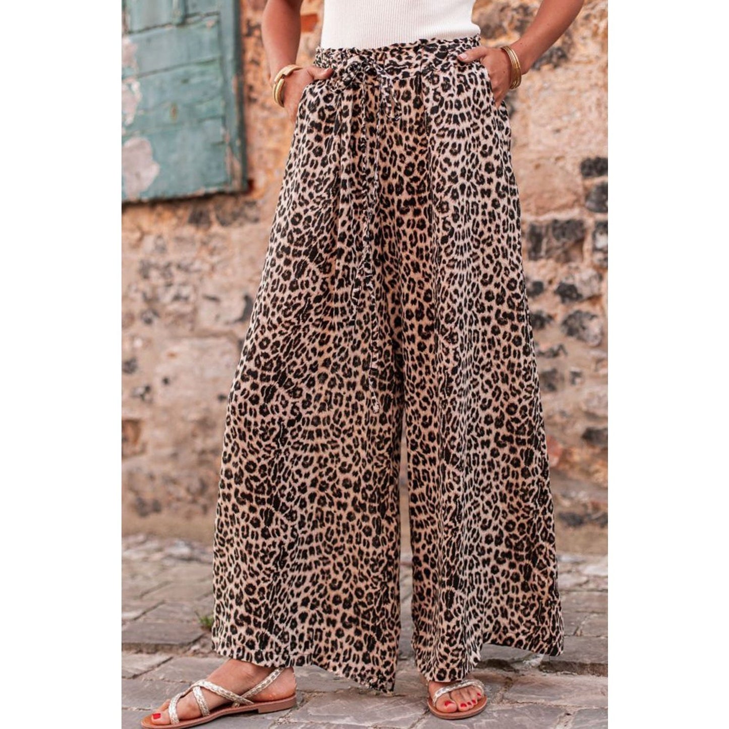 Meeka Desert Palm Boho Leopard Wide Leg Pants