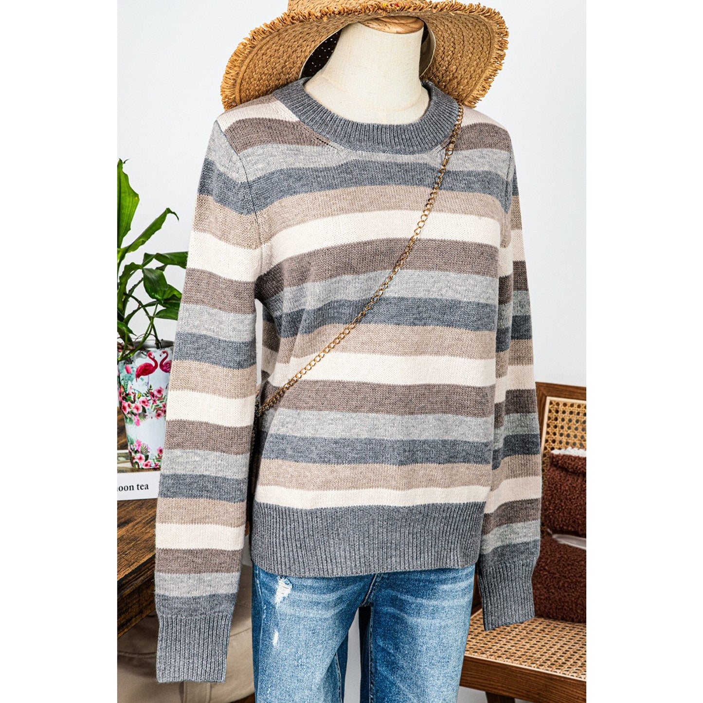 Melany Grey Stripe Color Block Ribbed Edge Round Neck Sweater