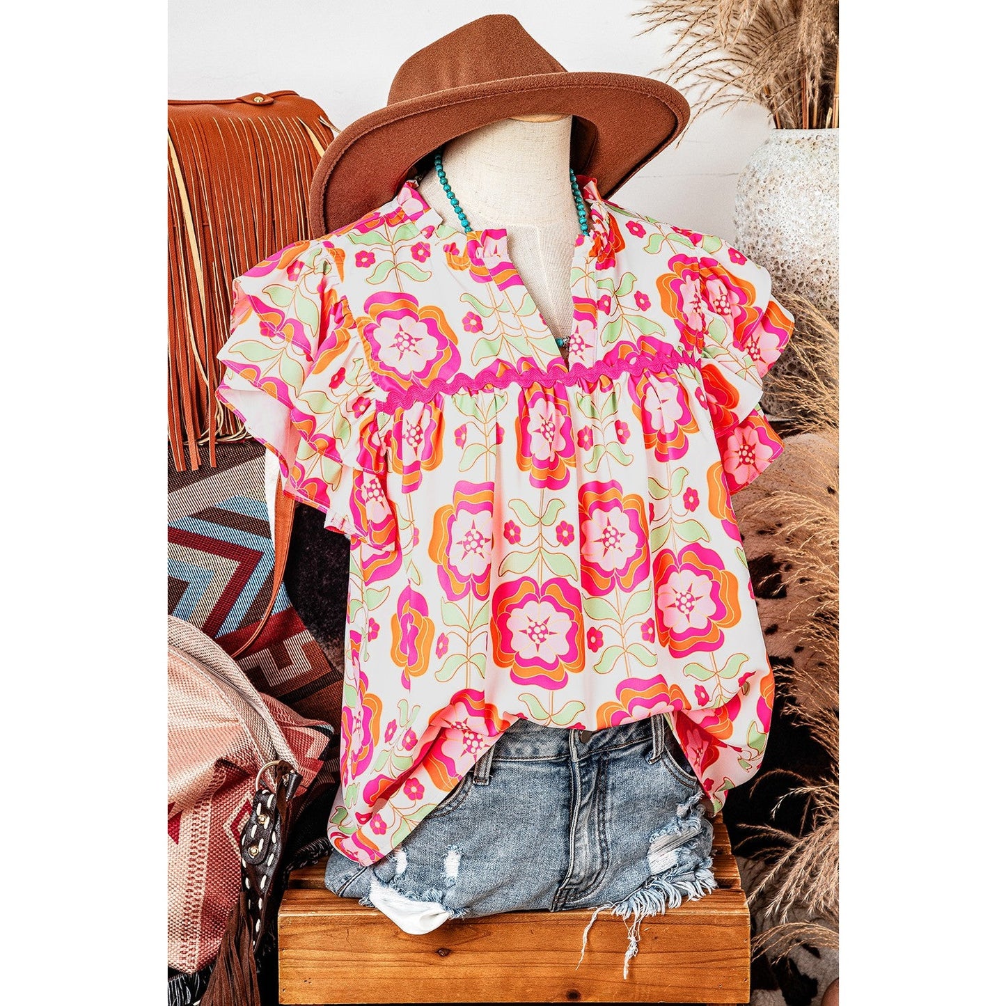 Melanie Floral Ruffled Sleeve Ric-rac Trim Split Neck Loose Blouse