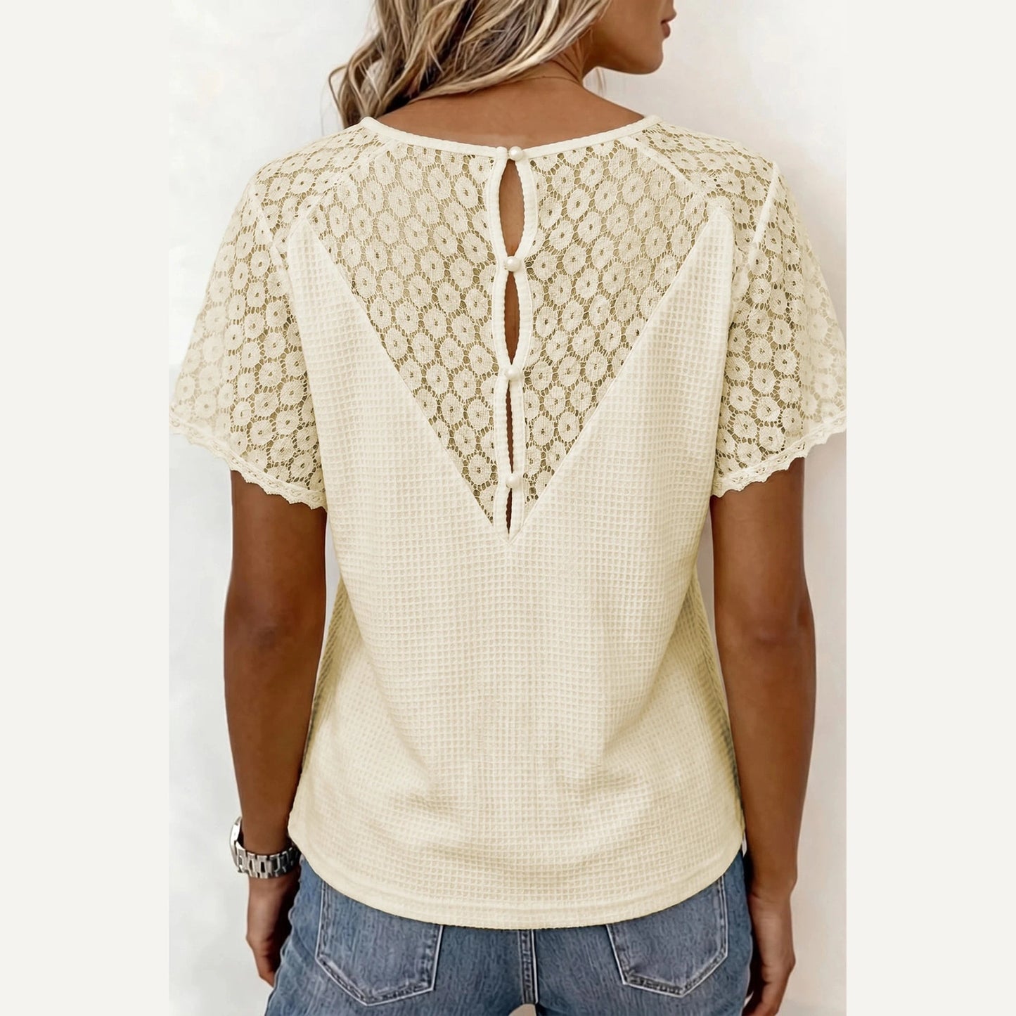 Melany Beige Lace Splicing Button Cutout V Neck Waffle Knit Blouse