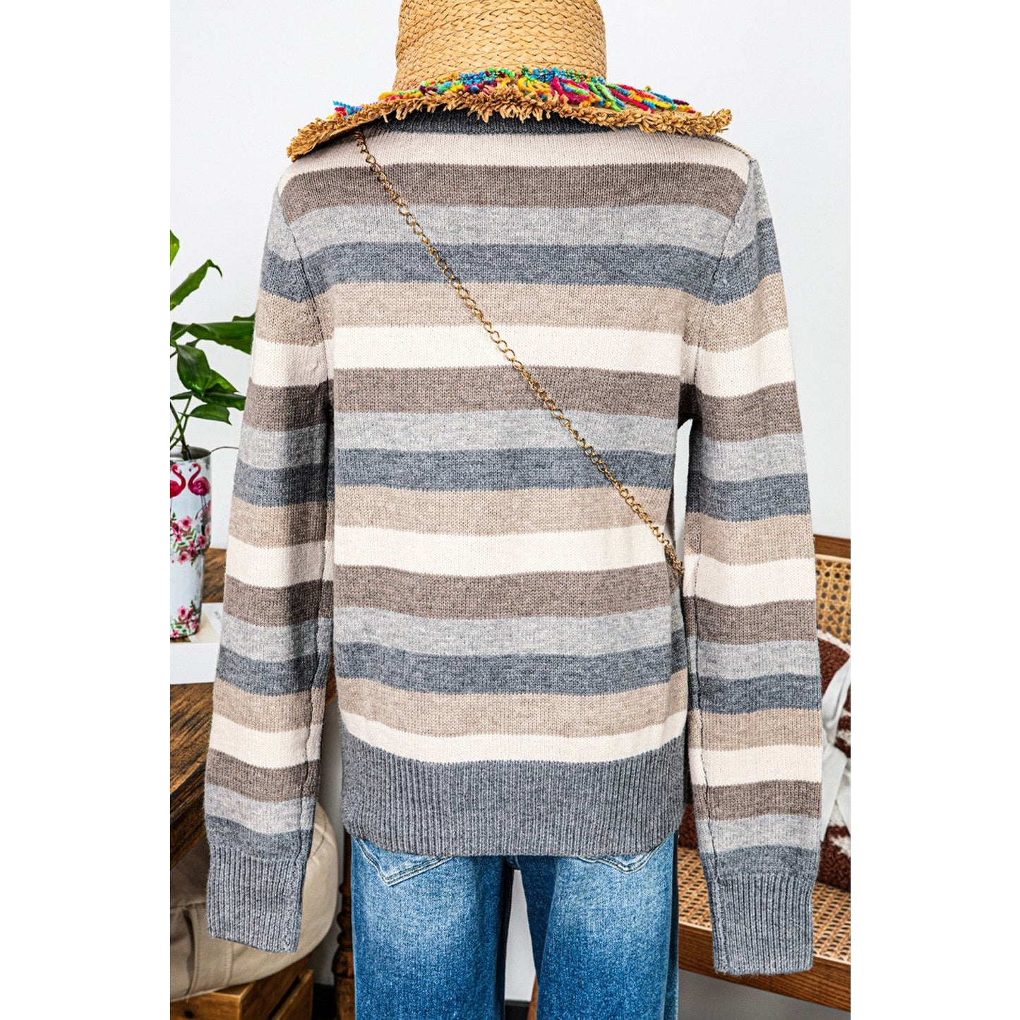 Melany Grey Stripe Color Block Ribbed Edge Round Neck Sweater