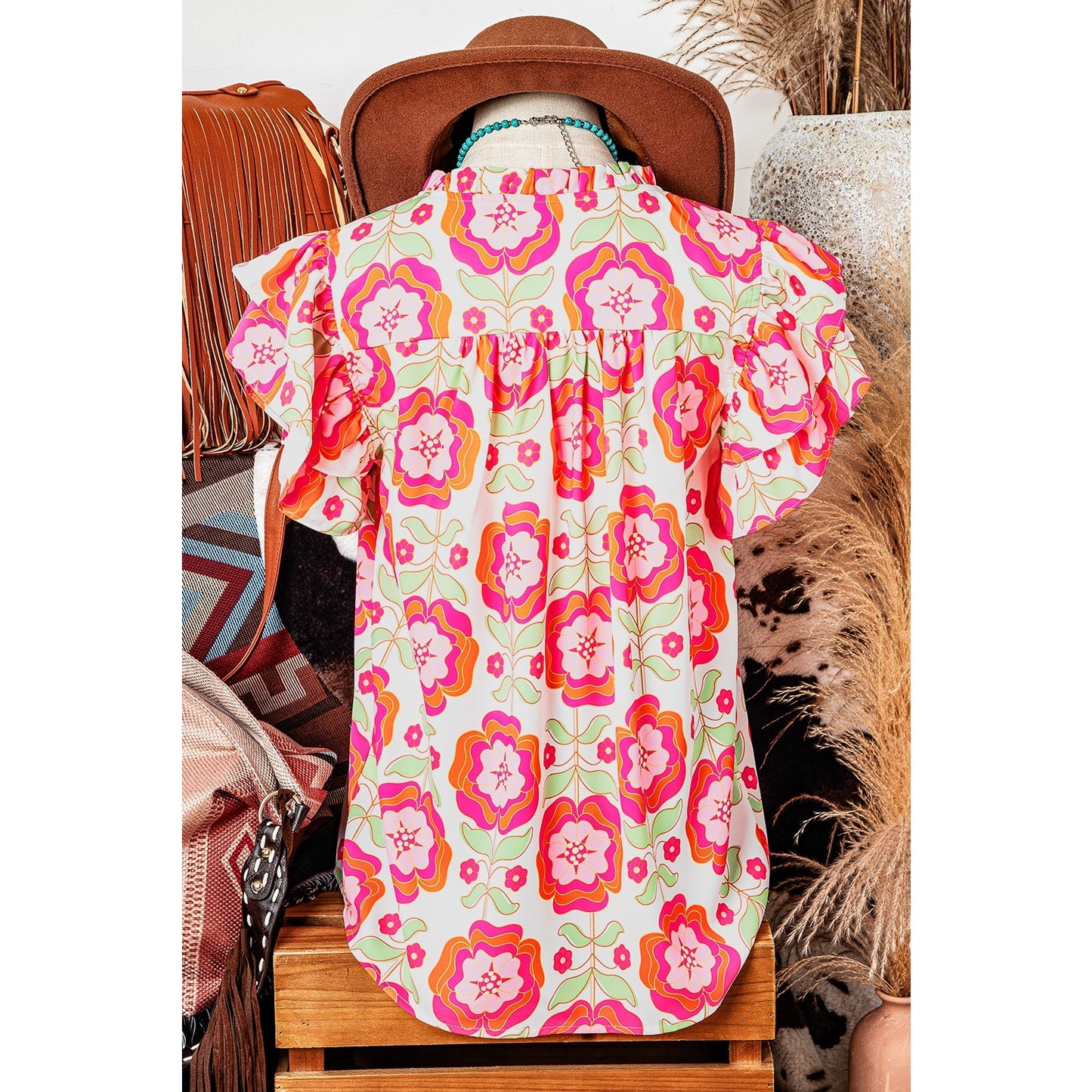 Melanie Floral Ruffled Sleeve Ric-rac Trim Split Neck Loose Blouse