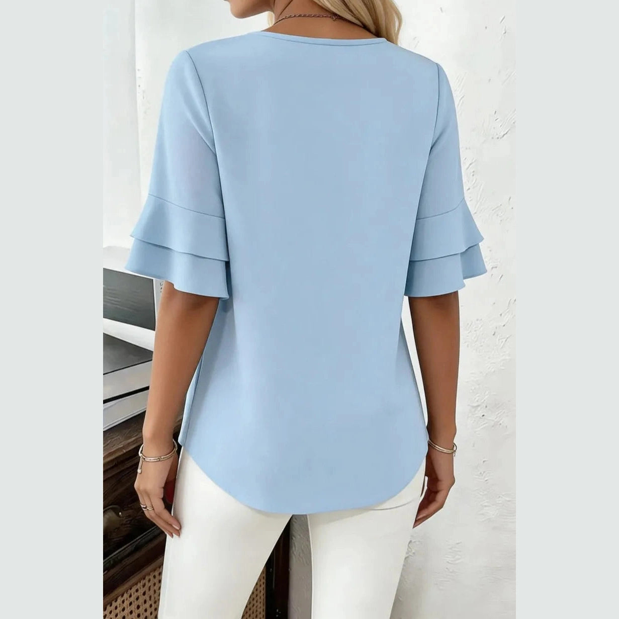 Mel Light Blue Ruffle Half Sleeve Pleated Blouse