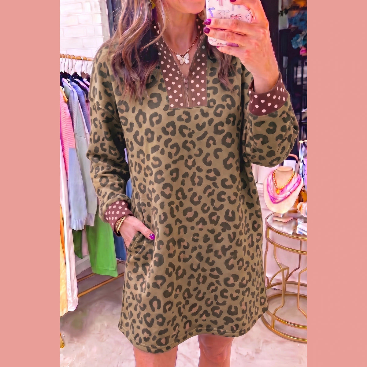 Melanie Brown Leopard Polka Dot Patchwork Detail Zip Neck Long Sleeve Mini Dress