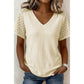 Melany Beige Lace Splicing Button Cutout V Neck Waffle Knit Blouse