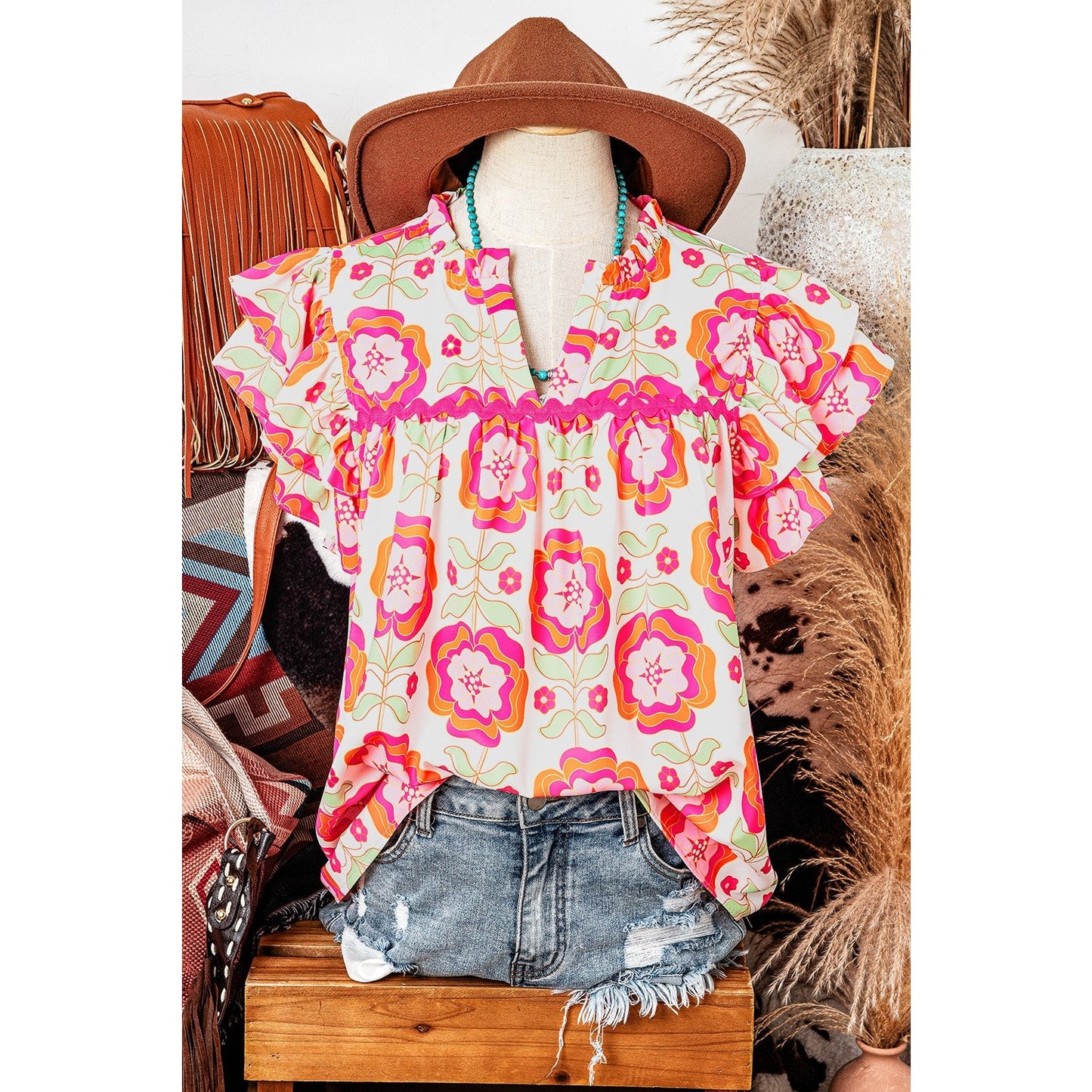 Melanie Floral Ruffled Sleeve Ric-rac Trim Split Neck Loose Blouse