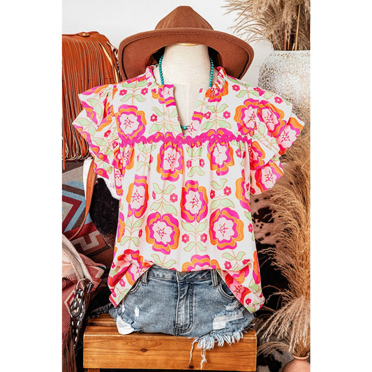 Melanie Floral Ruffled Sleeve Ric-rac Trim Split Neck Loose Blouse