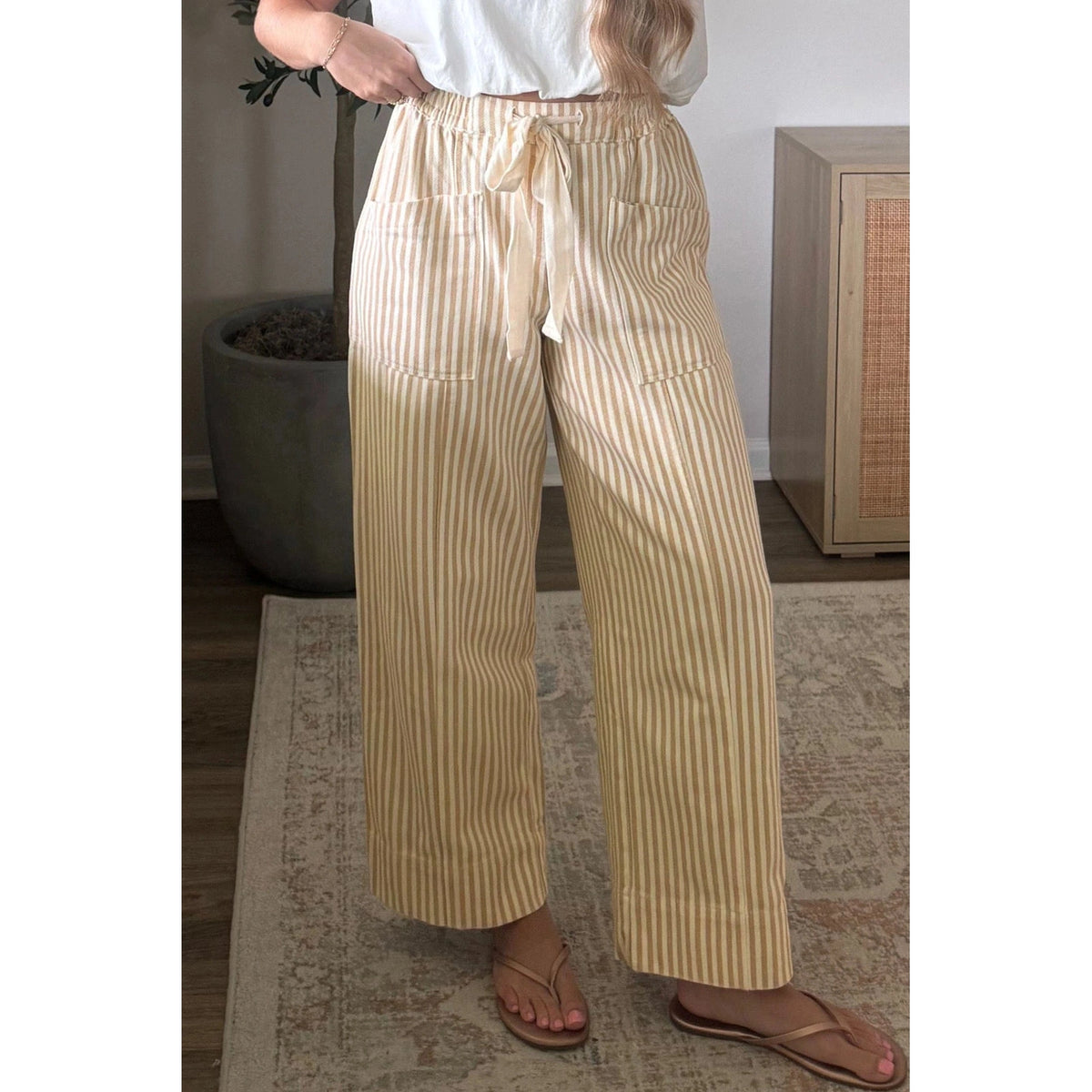 Melania Stripe Ribbon Drawstring Waist Full-Length Shift Pant