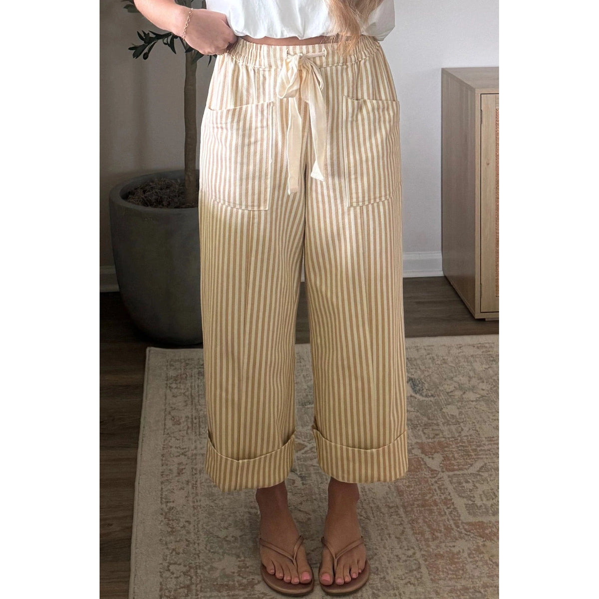 Melania Stripe Ribbon Drawstring Waist Full-Length Shift Pant