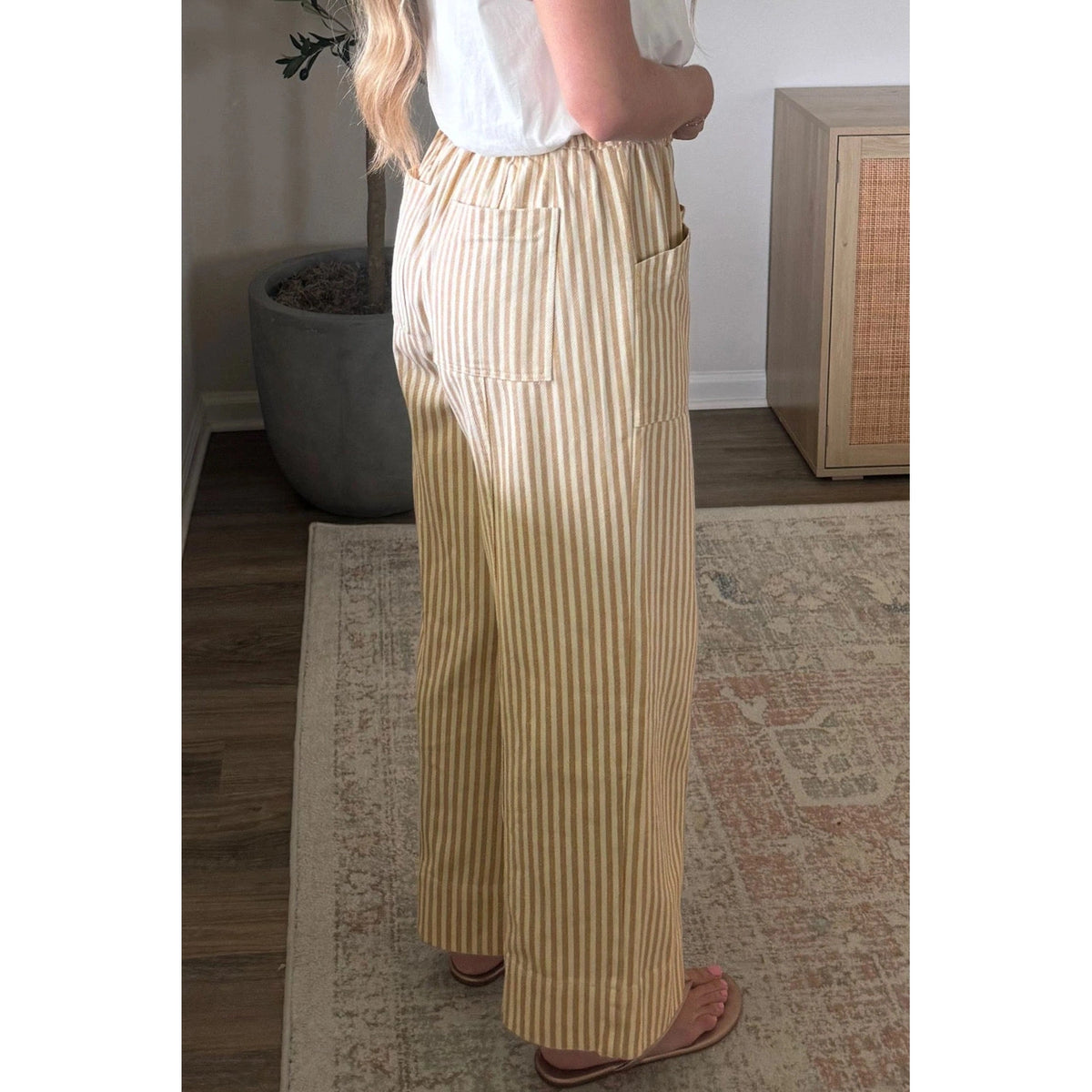 Melania Stripe Ribbon Drawstring Waist Full-Length Shift Pant