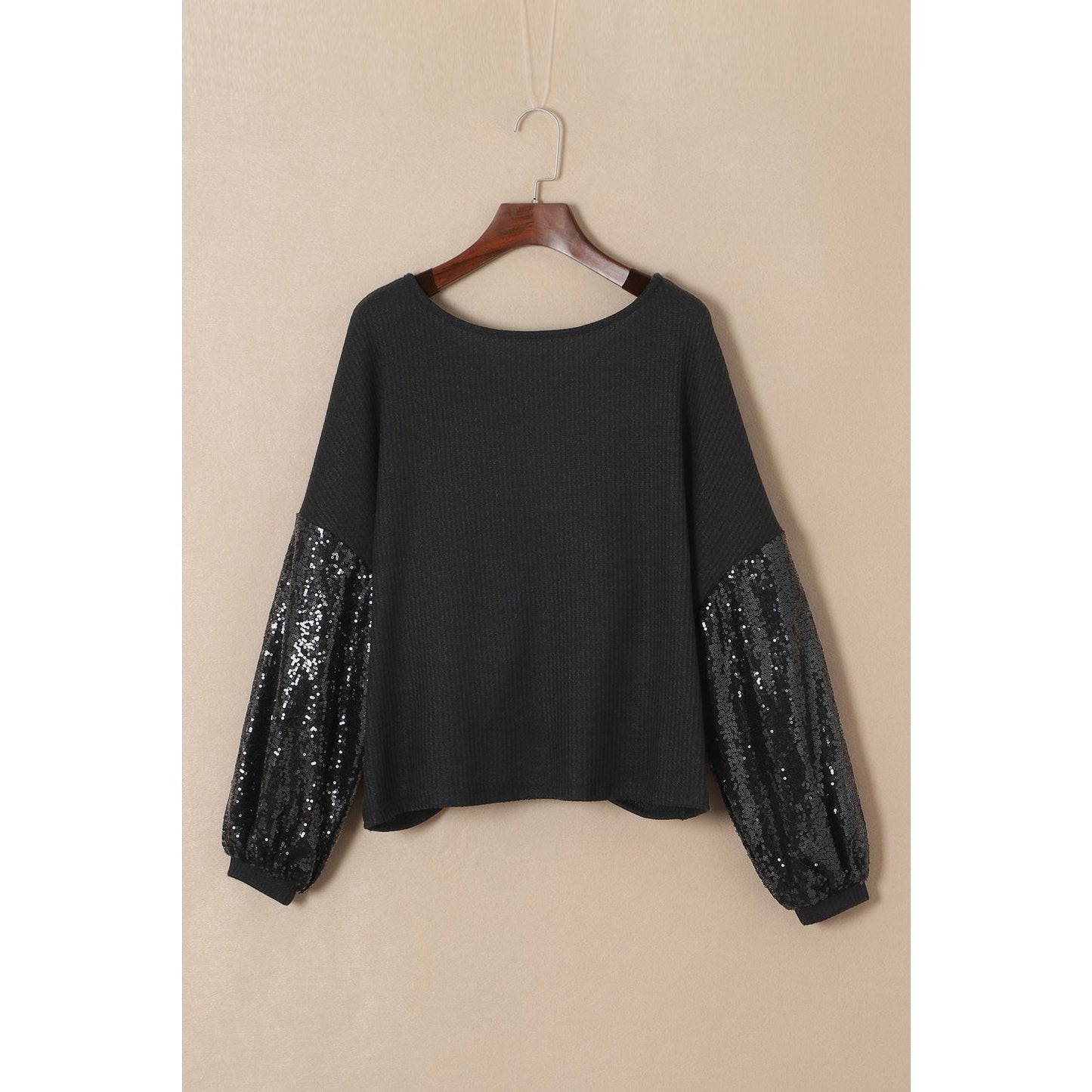 Melania Black Sequin Patchwork Sleeve Open Back Waffle Knit Top